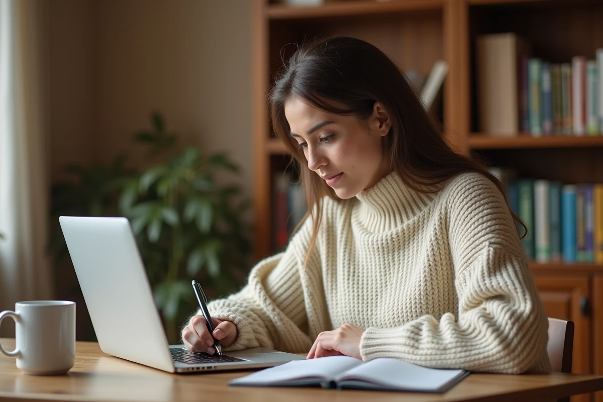 Jeune femme révisant sur une plateforme e-learning type Moodle avec un ordinateur portable et un carnet de notes dans un bureau à domicile