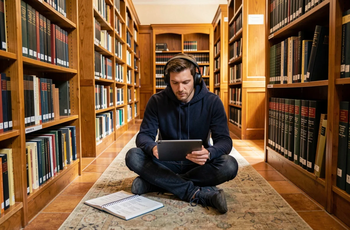 Homme qui révise le TOEIC avec une tablette et des écouteurs dans une bibliothèque universitaire