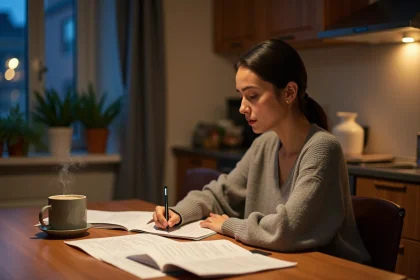 Femme révisant ses notes de naturalisation à la table de cuisine la veille de son entretien