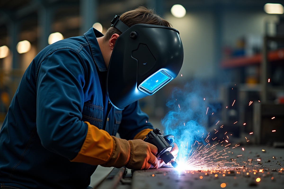 Soudeur en protection travaillant sur du métal dans un atelier industriel