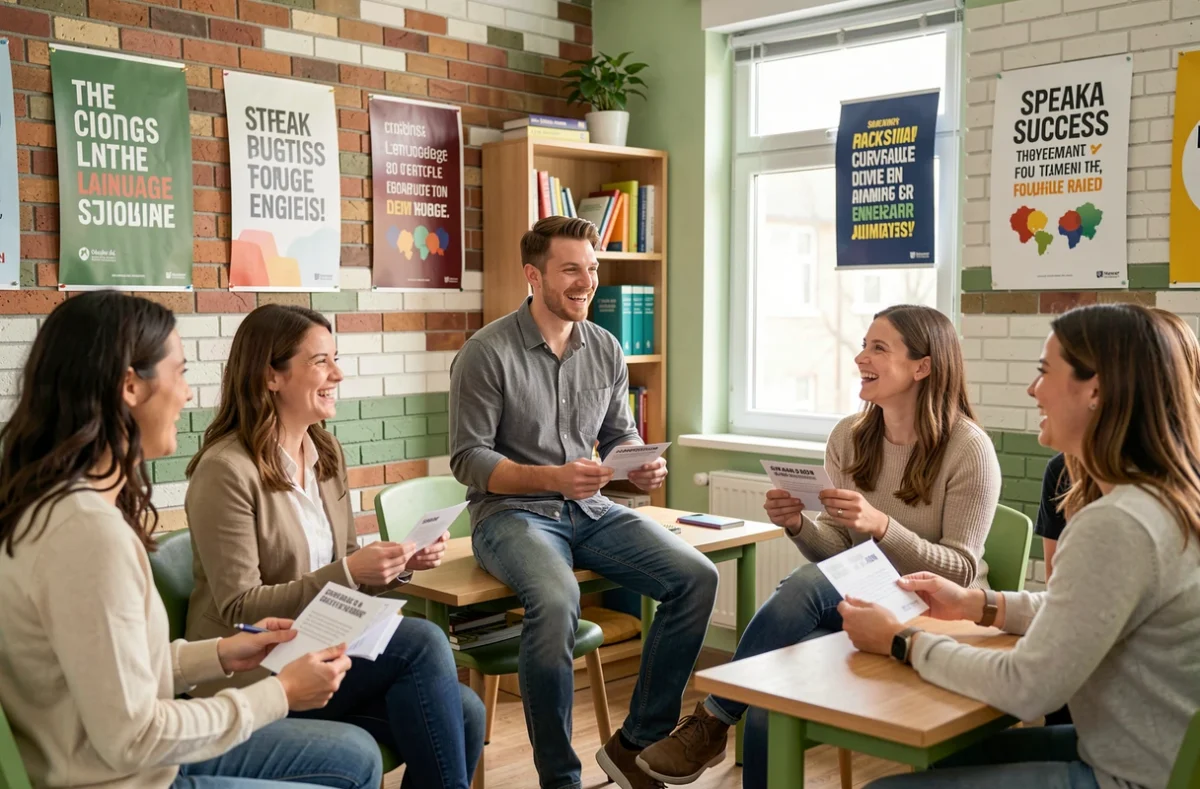 Professeur dynamique de Speak Success animant un atelier de conversation anglaise avec des adultes