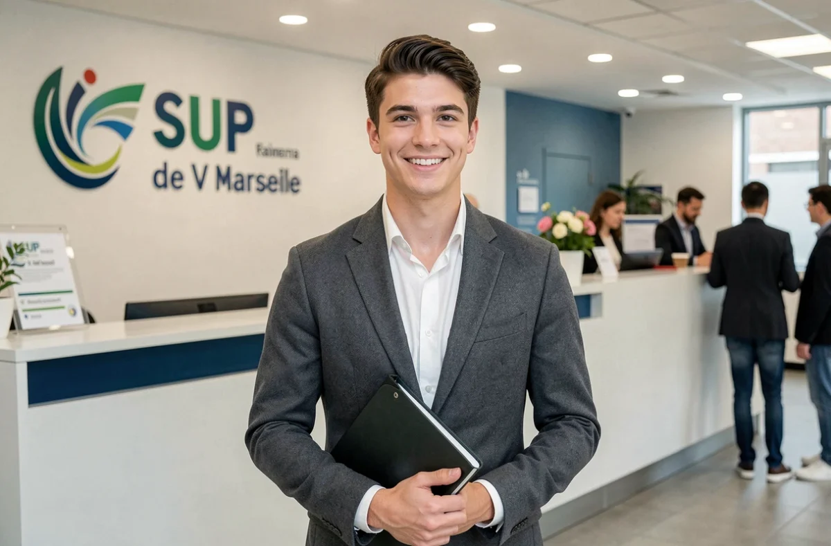 Étudiant en alternance posant devant le campus SUP de V Marseille avec son portfolio