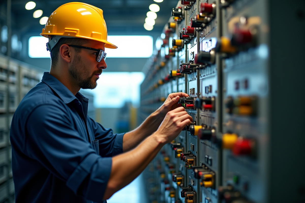 Ingénieur inspectant un panneau de contrôle industriel