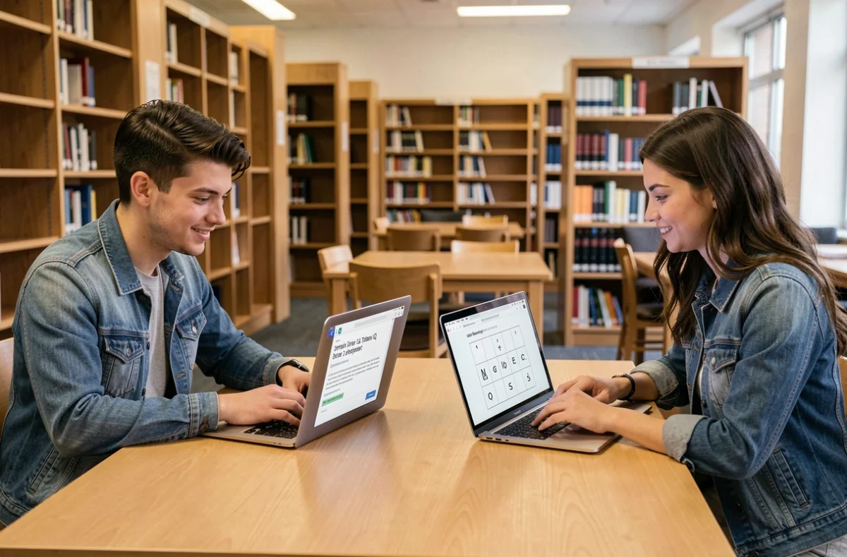 Deux étudiants universitaires passant des tests de QI en ligne sur leurs ordinateurs portables dans une bibliothèque moderne