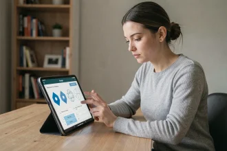 Jeune femme concentrée passant un test de QI en ligne sur une tablette dans un bureau à domicile moderne