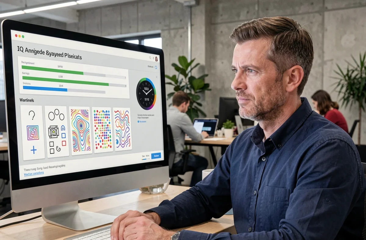 Homme d'une quarantaine d'années réalisant un test de QI en ligne sur un grand écran dans un espace de coworking