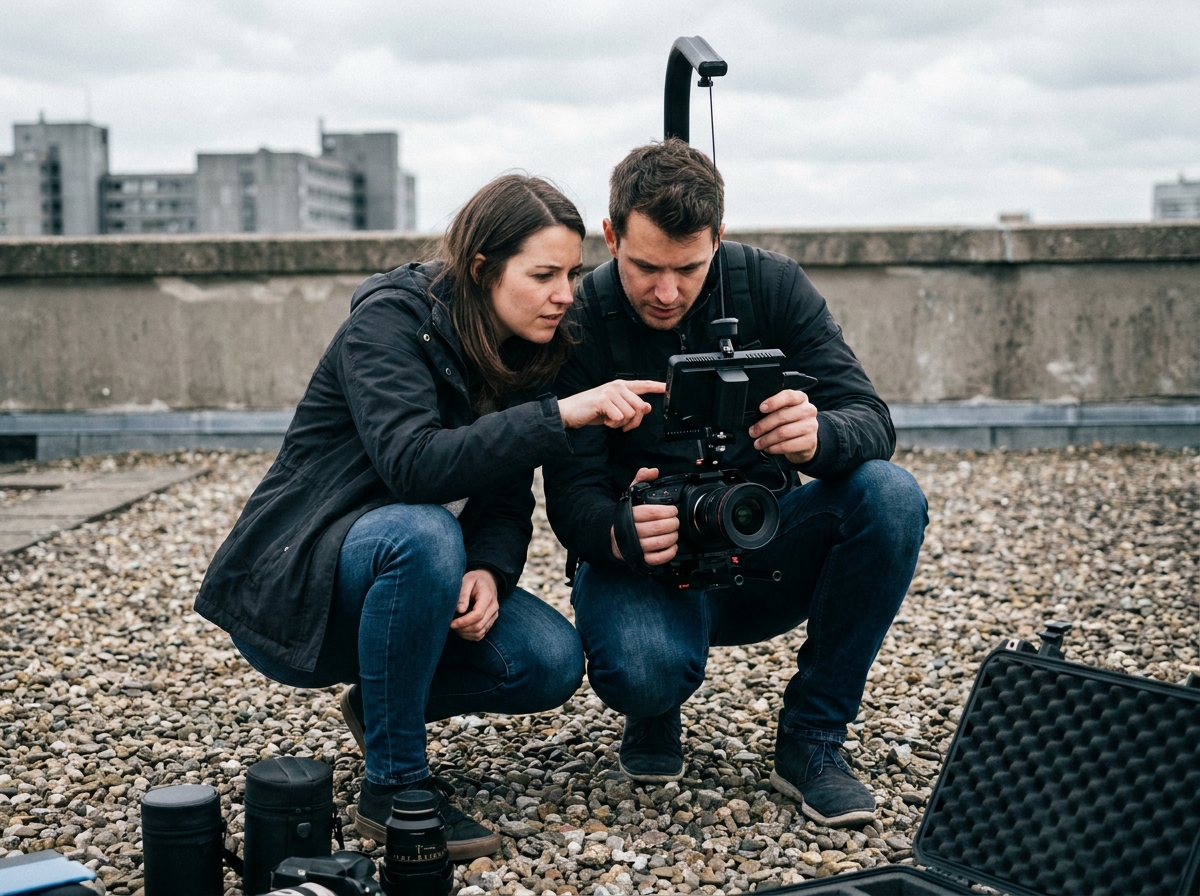 Deux jeunes professionnels de l'audiovisuel révisant une prise de vue sur moniteur externe lors d'un tournage en extérieur urbain