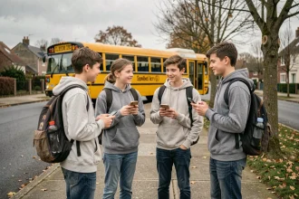 Groupe de collégiens attendant le bus scolaire devant le Collège Braque à Dieppe en automne