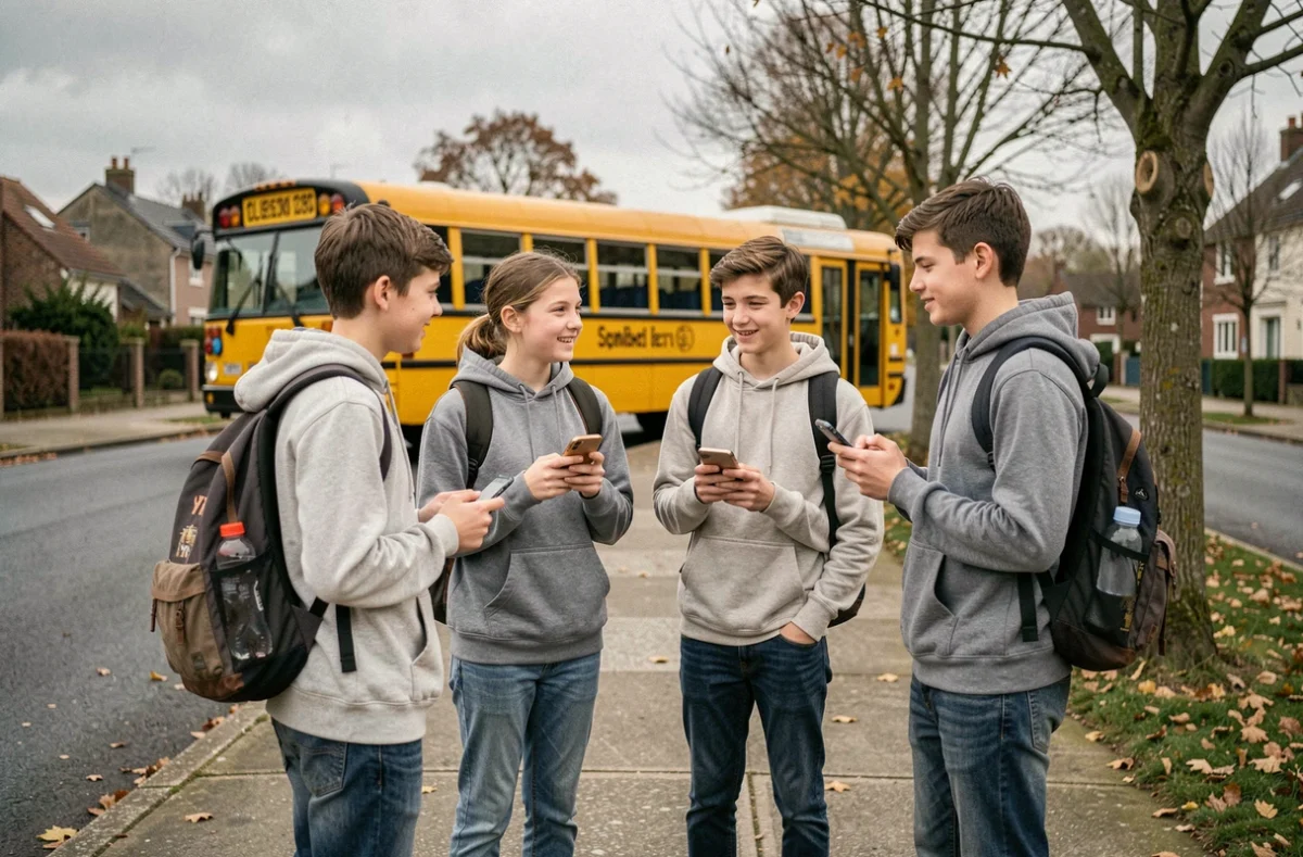 Groupe de collégiens attendant le bus scolaire devant le Collège Braque à Dieppe en automne