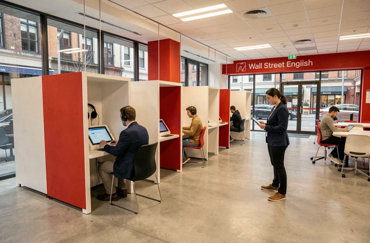 Espace d'apprentissage moderne du centre Wall Street English de Bobigny avec stations numériques